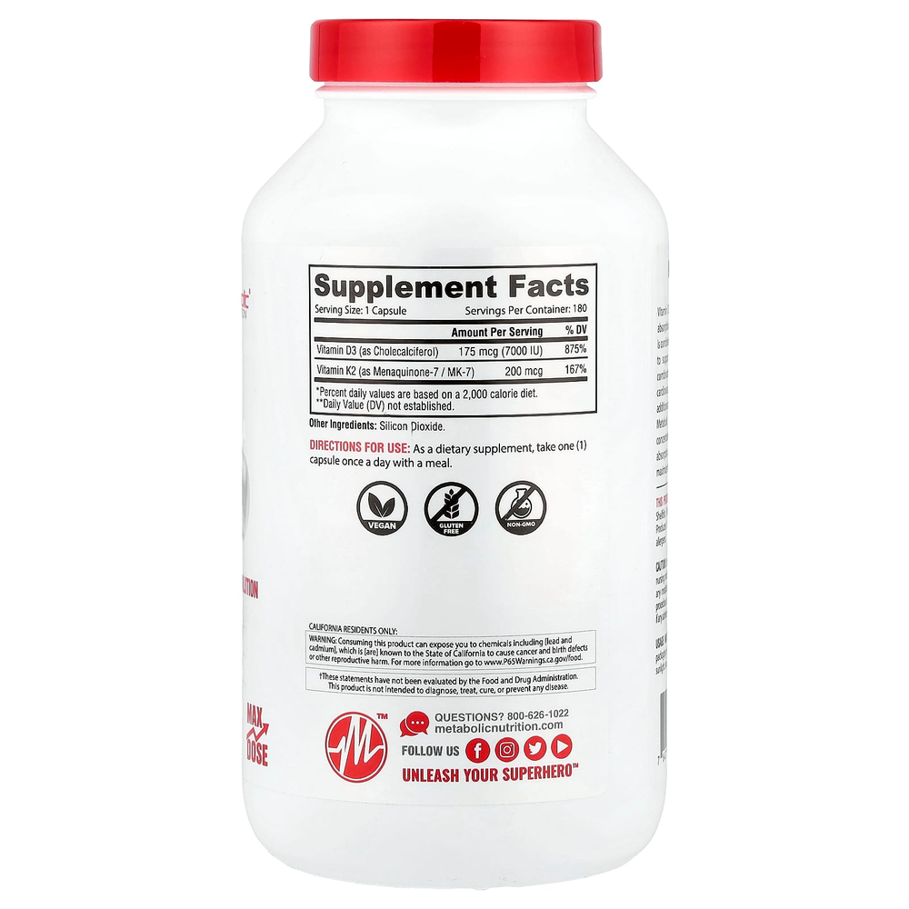 Metabolic Nutrition, витамины D3 и К2, 180 капсул