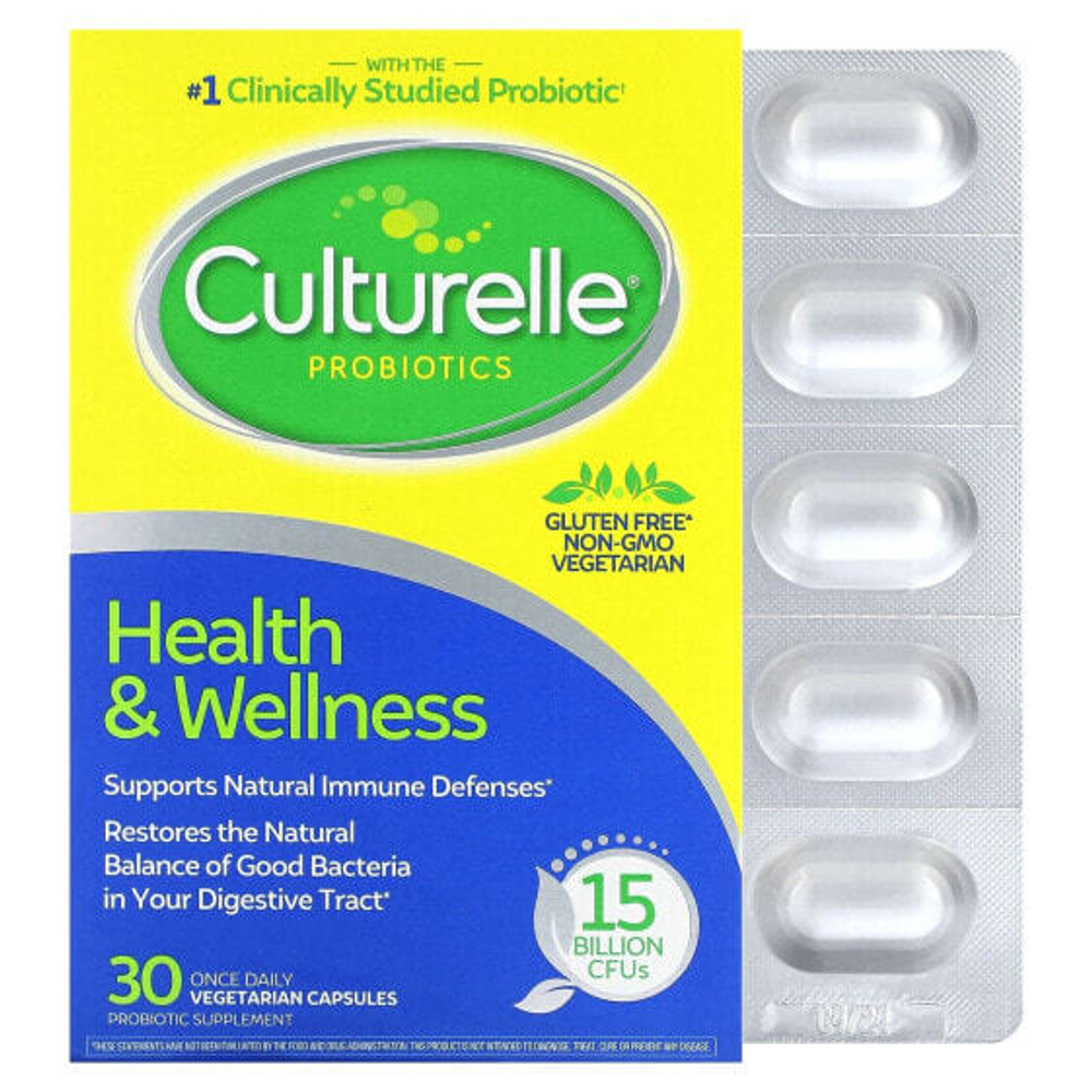 Culturelle, Пробиотики, здоровье и хорошее самочувствие, 15 миллиардов КОЕ, 30 вегетарианских капсул для приема один раз в день