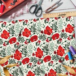 Ткань таффета насыщенные маки и листья на бежевом фоне