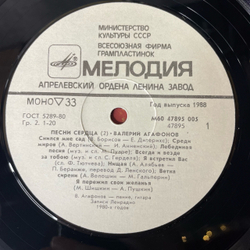 Винтажная виниловая пластинка LP Валерий Агафонов Песни Сердца Пластинка 2 (СССР 1989)