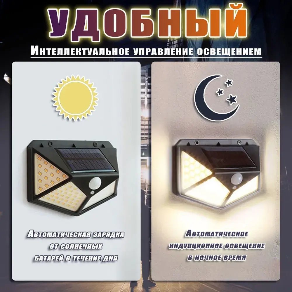4шт Беспроводной светодиодный светильник с 100 LED лампами на солнечной батарее и датчиком движения для дома, дачи и улицы