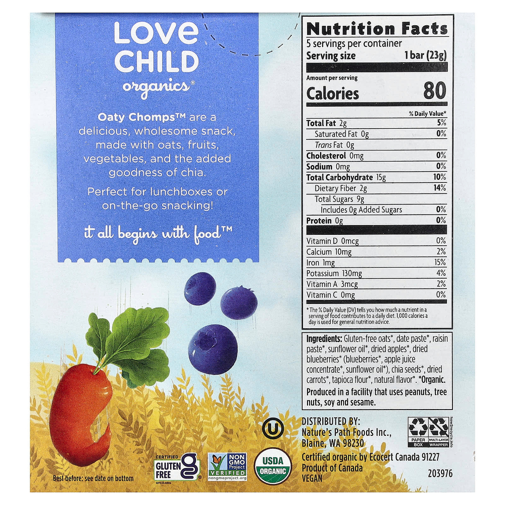 Love Child Organics, Nature's Path, органические батончики Oaty Chomps™, для детей от 12 месяцев, голубика и морковь, 5 батончиков в индивидуальной упаковке, 23 г (0,8 унции)