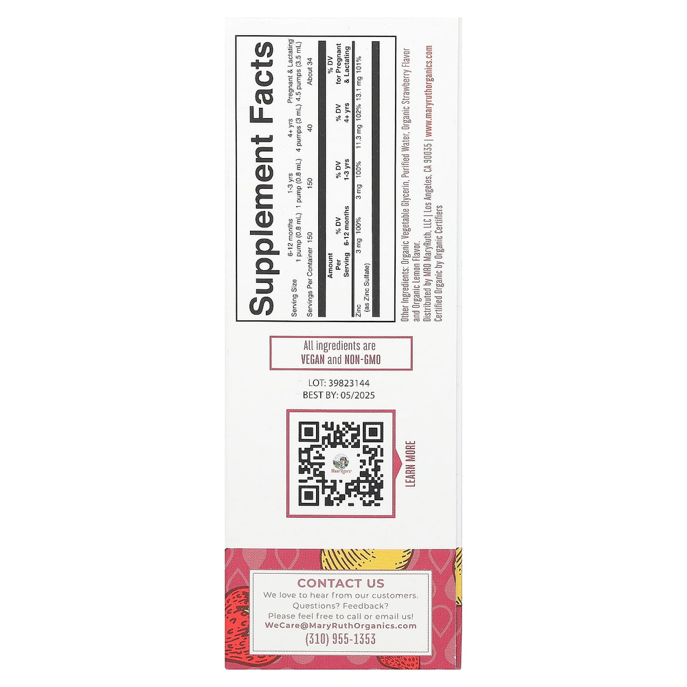 MaryRuth's, Жидкие капли с органическим ионным цинком, клубника и лимон, 3 мг, 120 мл (4 жидк. Унции)