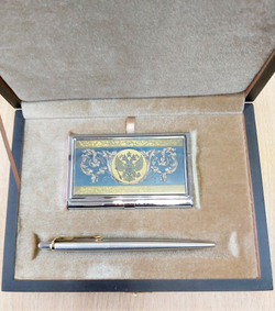 Набор "Гербовый" №5 визитница (цирконий), ручка Паркер мет.