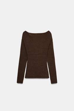 ZARA ТОП С ДРАПИРОВКОЙ И ПЕРЕКРЕСТНЫМ ВЫРЕЗОМ, КОРИЧНЕВЫЙ МЕЛАНЖ