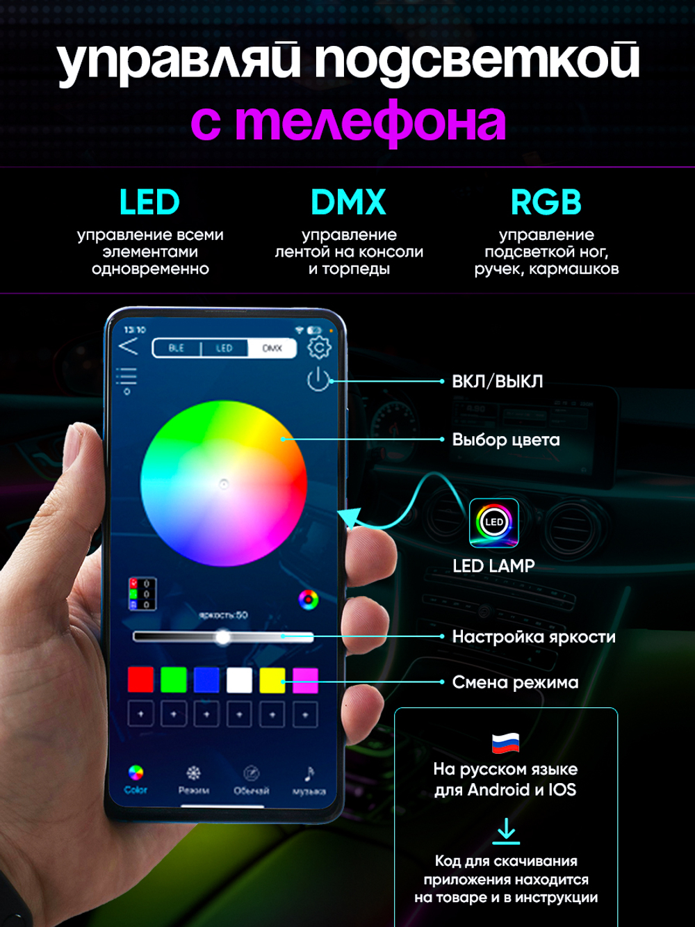 Чёрная контурная подсветка в салон авто 21в1 Ambient Light