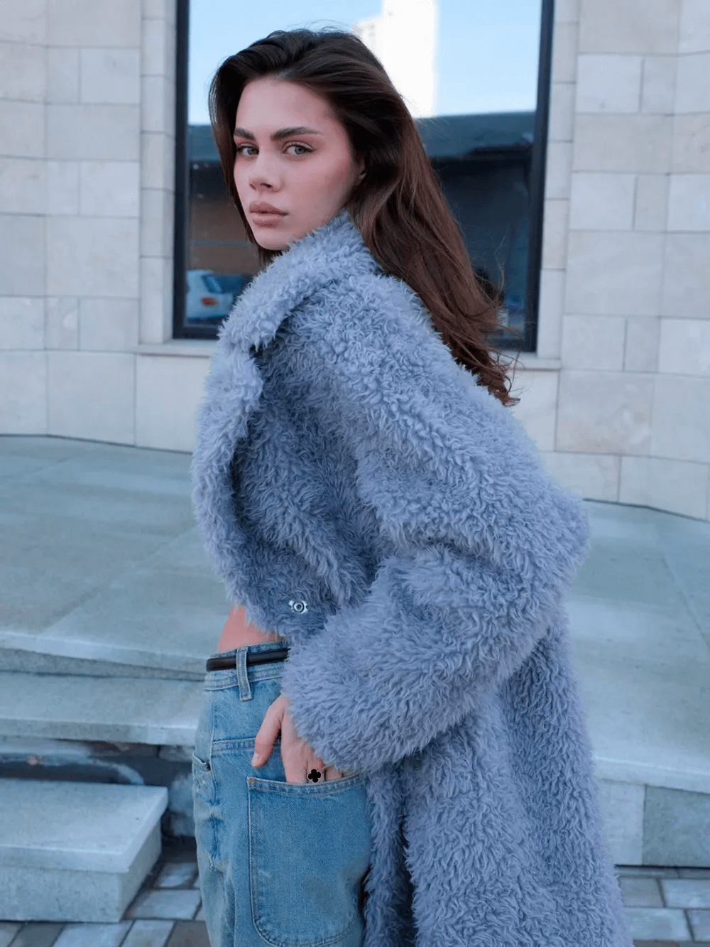 Шуба из шерсти мериноса, стальная, SilverFox