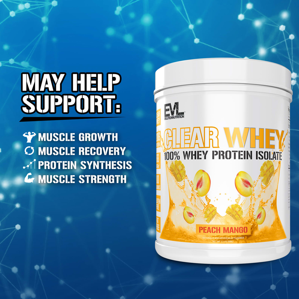 EVLution Nutrition, Clear Whey, 100% изолят сывороточного протеина, персик и манго, 500 г (1,1 фунта)