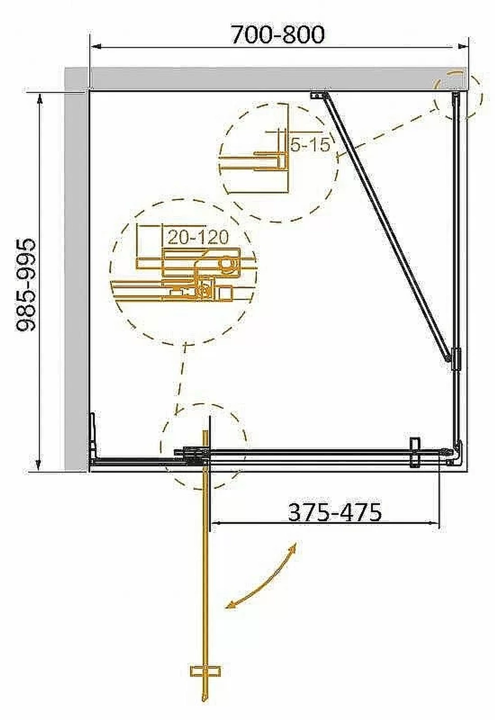 Душевой уголок Cezares Slider 100x80 AH-1-100-70/80-C-BORO стекло прозрачное/профиль золото брашированное