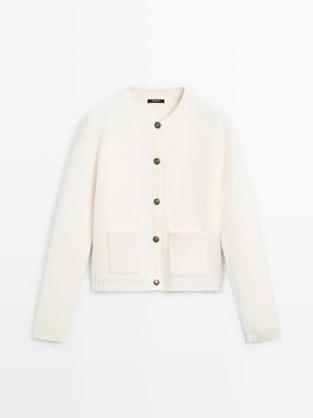 Massimo Dutti Короткий трикотажный кардиган с золотистыми пуговицами, белый