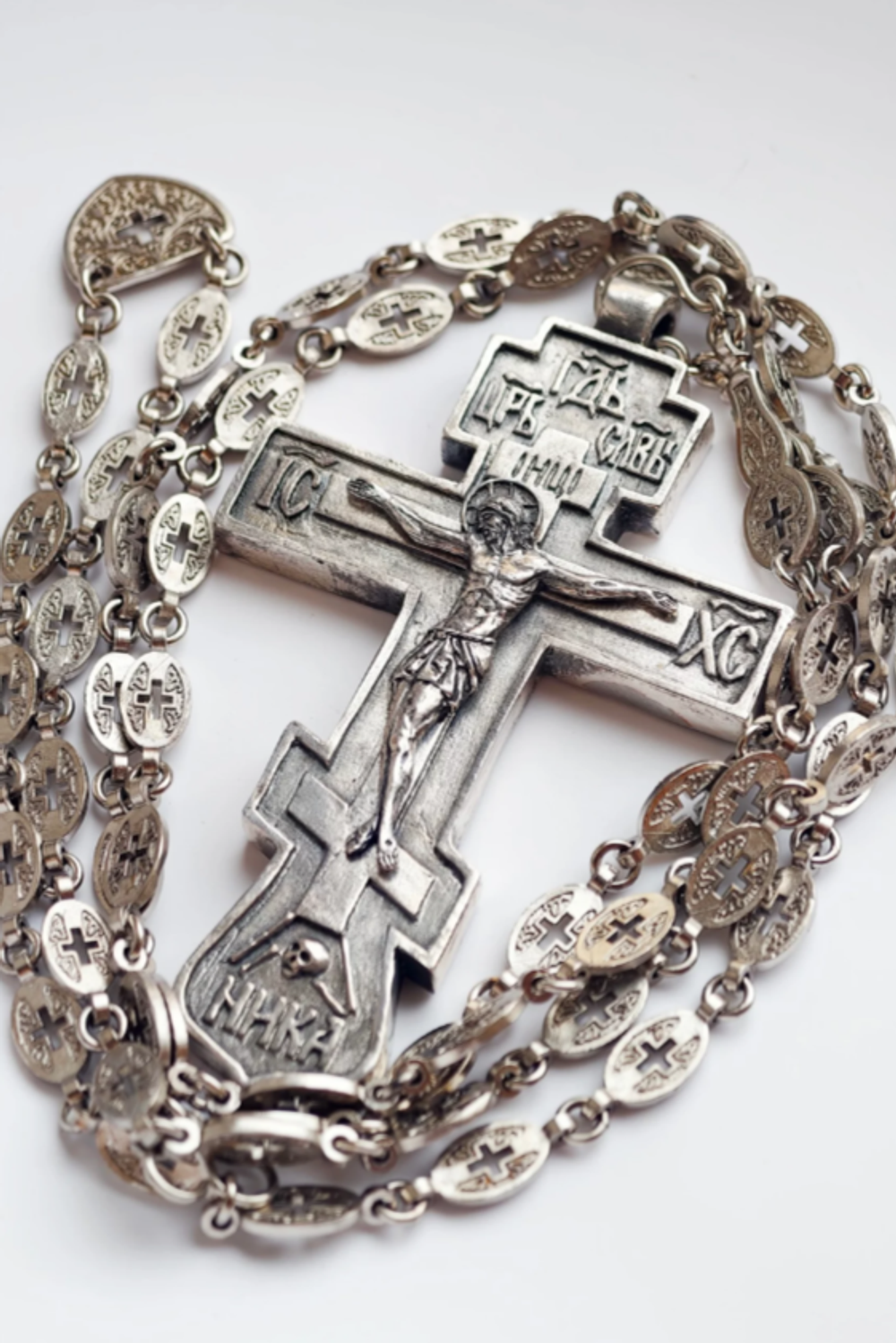 Крест священника “Николаевский” с распятием XXI век (серебрение с новой цепью)