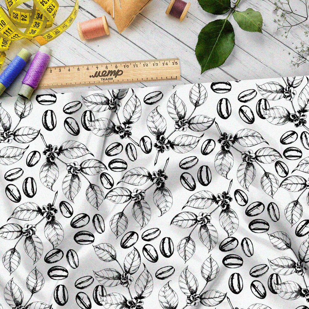 Ткань атлас эскиз кофейных листьев и зёрен