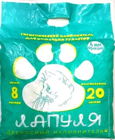 Наполнитель ЛАПУЛЯ для кошачьих туалетов древесный (гранулы 6мм), влагопоглащение до 20л. 8л