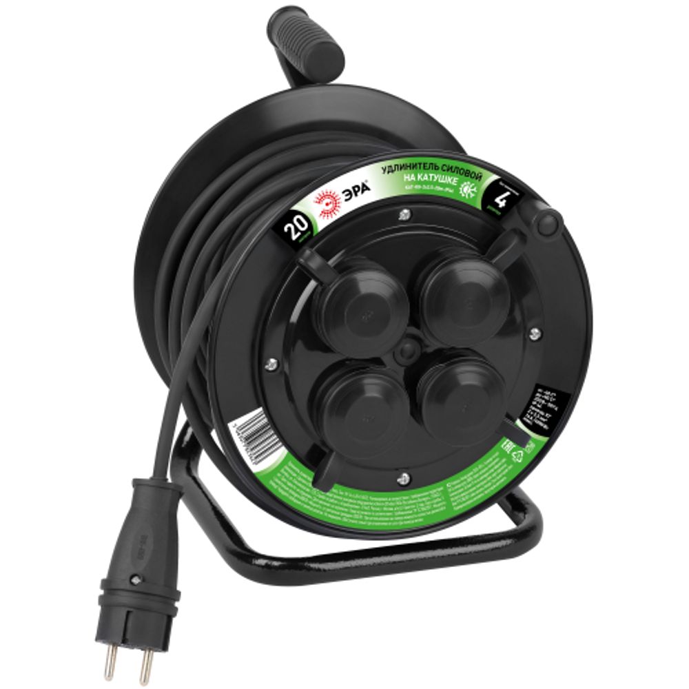 Удлинитель силовой ЭРА GREEN LINE KAT-KG-2x2.5-20m-IP44 на катушке пластик c крышками 4 розетки 20м КГ 2x2.5мм2 IP44 | Силовые удлинители