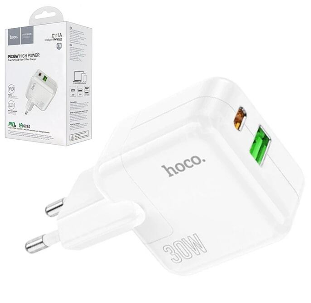 Сетевой адаптер питания HOCO C111A PD 30W + QC 3.0 (белый)