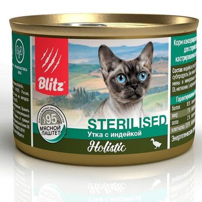 Влажный корм для стерилизованных кошек Blitz Holistic Sterilised Паштет из утки с индейкой, банка 200 г