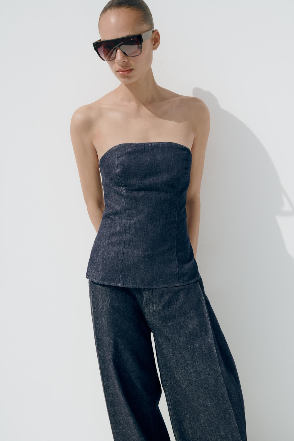 ZARA ДЖИНСОВЫЙ ТОП-БАНДО TRF, ТЕМНЫЙ ИНДИГО