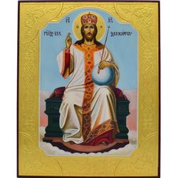 Царь Царей - Иисус Христос на троне (Царь Славы). Рукописная икона на липовой доске.
