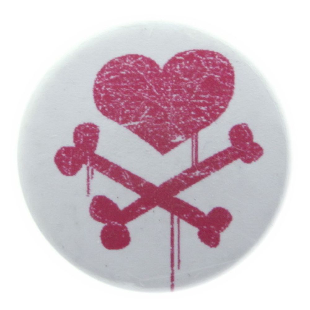 Значок Сердце с костями ( розовое на белом )