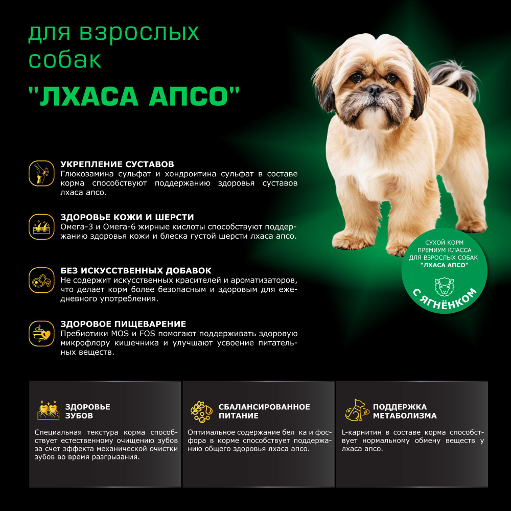 Корм сухой для взрослых собак породы Лхаса апсо, с ягненком, 2,5 кг, QUATTRO