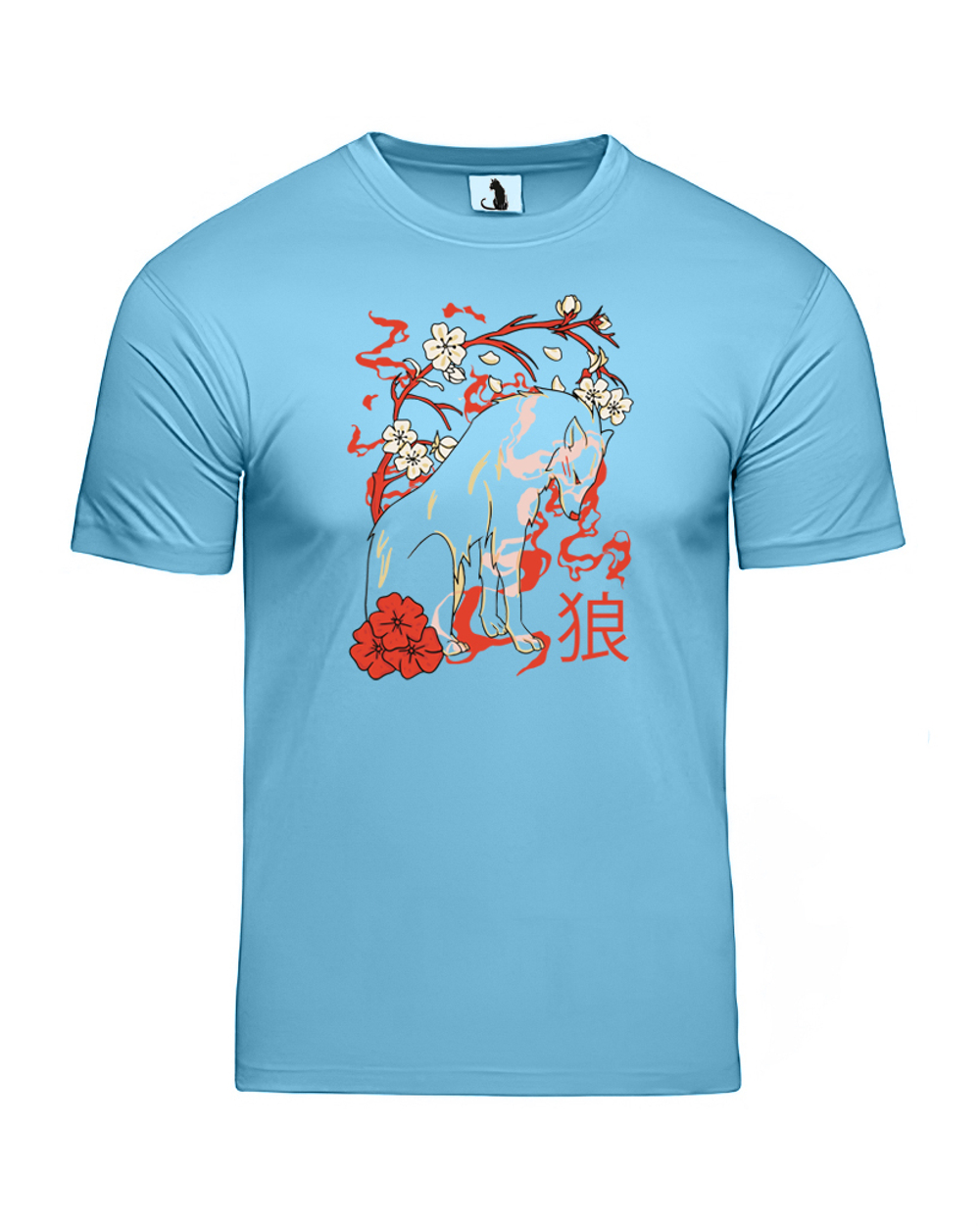 Футболка с волком и цветами в японском стиле классическая прямая голубая