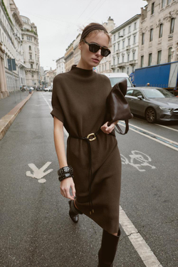 ZARA ТРИКОТАЖНОЕ ПЛАТЬЕ С РЕМНЕМ, СЕРО-КОРИЧНЕВЫЙ