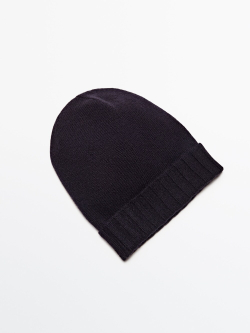 Massimo Dutti Шапка бини из 100% кашемира в рубчик с отворотом, темно-синий