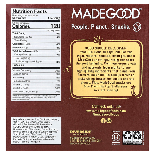 MadeGood, Mornings™, органические запеченные овсяные батончики, с шоколадной крошкой, 5 батончиков по 30 г