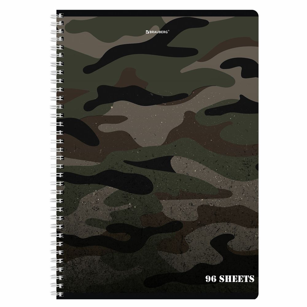 Тетрадь А4, 96 л., BRAUBERG, гребень, клетка, обложка картон, "Military", 404057, 4шт