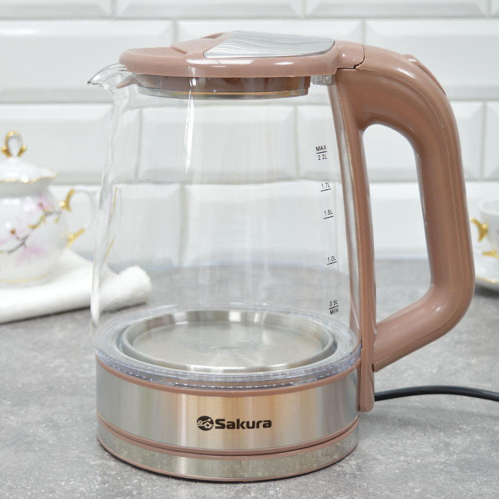 Чайник электрический 2,2л SA-2722BR стеклянный с подсветкой