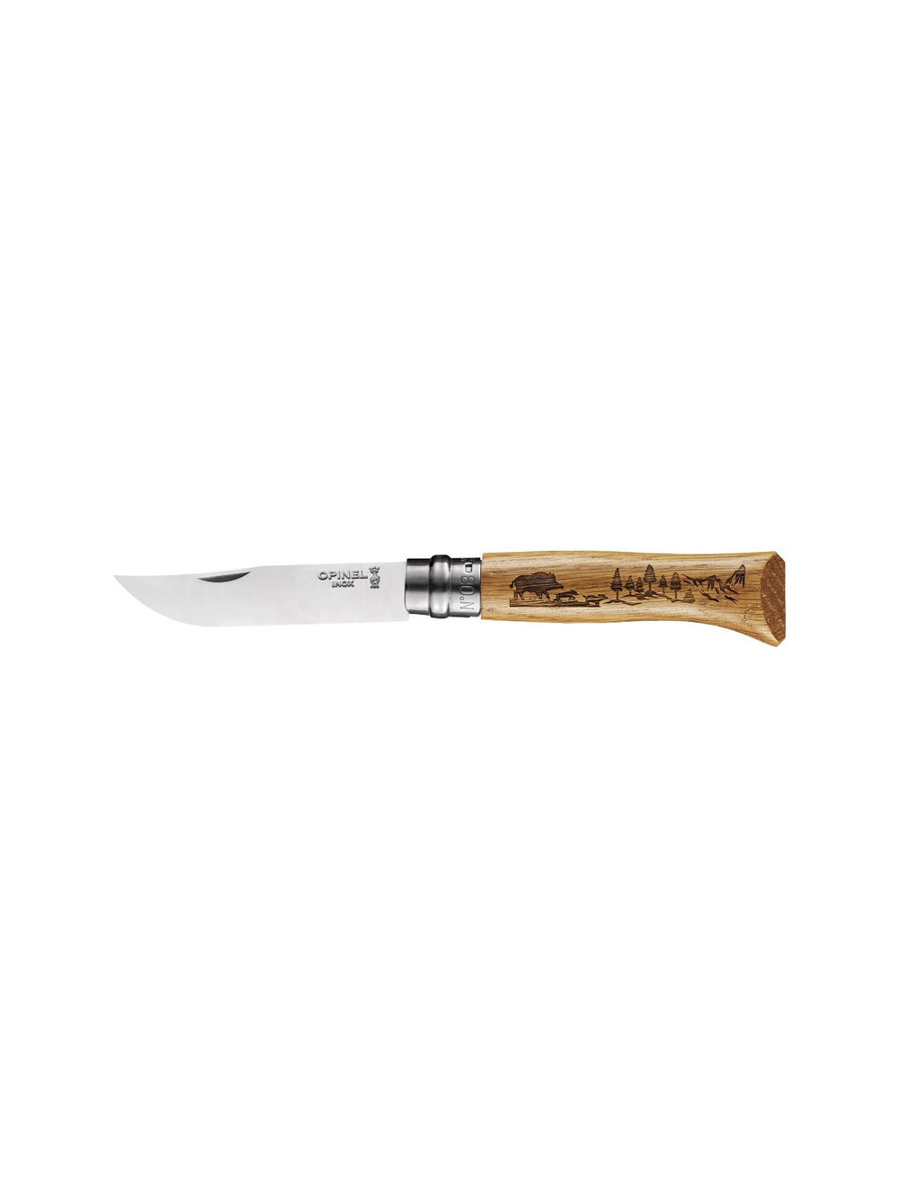 Нож Opinel №8, нержавеющая сталь, рукоять дуб, гравировка кабан. 002331
