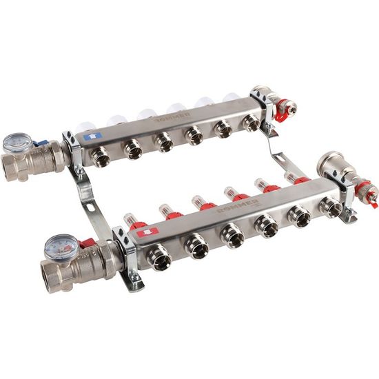 Коллектор Rommer 1"x3/4" на 6 контуров с расходомерами в сборе (нерж. сталь) RMS-1210-000006