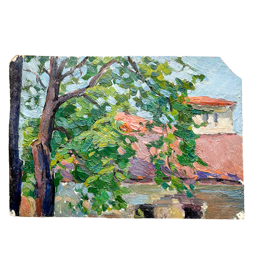 Динес Ю. С. Летний день. Дерево и крыша дома. Этюд. Картон, масло. 1954 г.