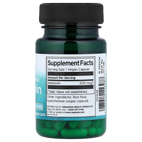 Swanson, мелатонин, сверхнизкая доза, 500 мкг, 60 веганских капсул