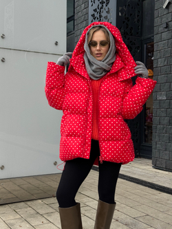 Пуховик Рокет миди красный в горох