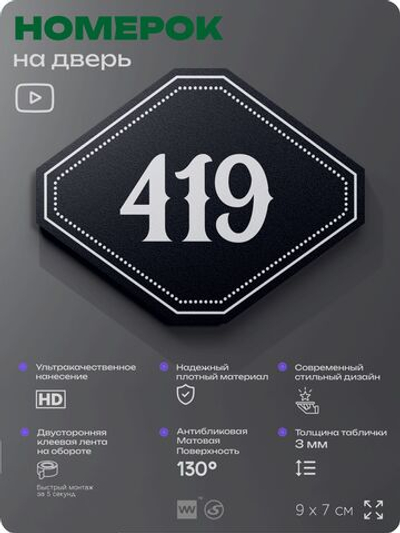 Номерок на дверь квартиры 419, для кабинета, офиса, шильдик 9 х 7 см, черный, Айдентика Технолоджи