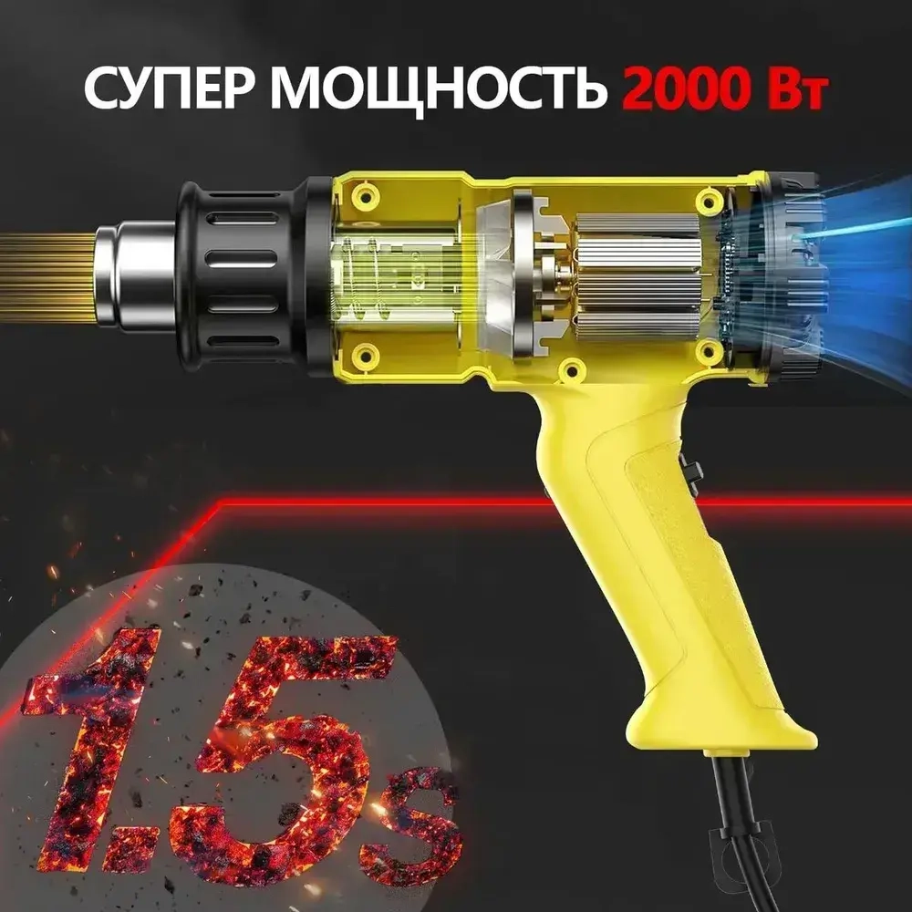 фен строительный HOOMOTEK 2000 Вт с Дисплеем, Регулировкой Температуры 60-650 C, 3 Сопла - Идеален для Пайки, Удаления Краски, Ремонта строительный фен.