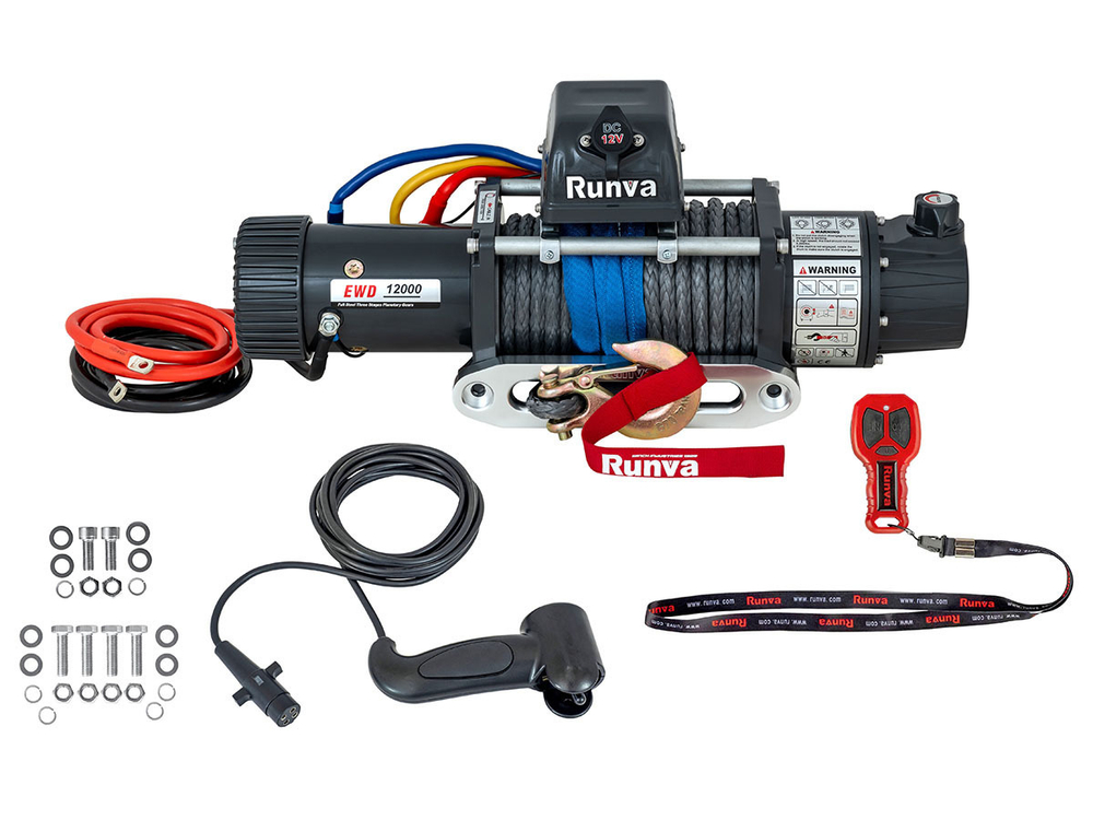 Лебёдка электрическая двухскоростная 12V Runva 12000 lbs 5443 кг (синтетический трос)