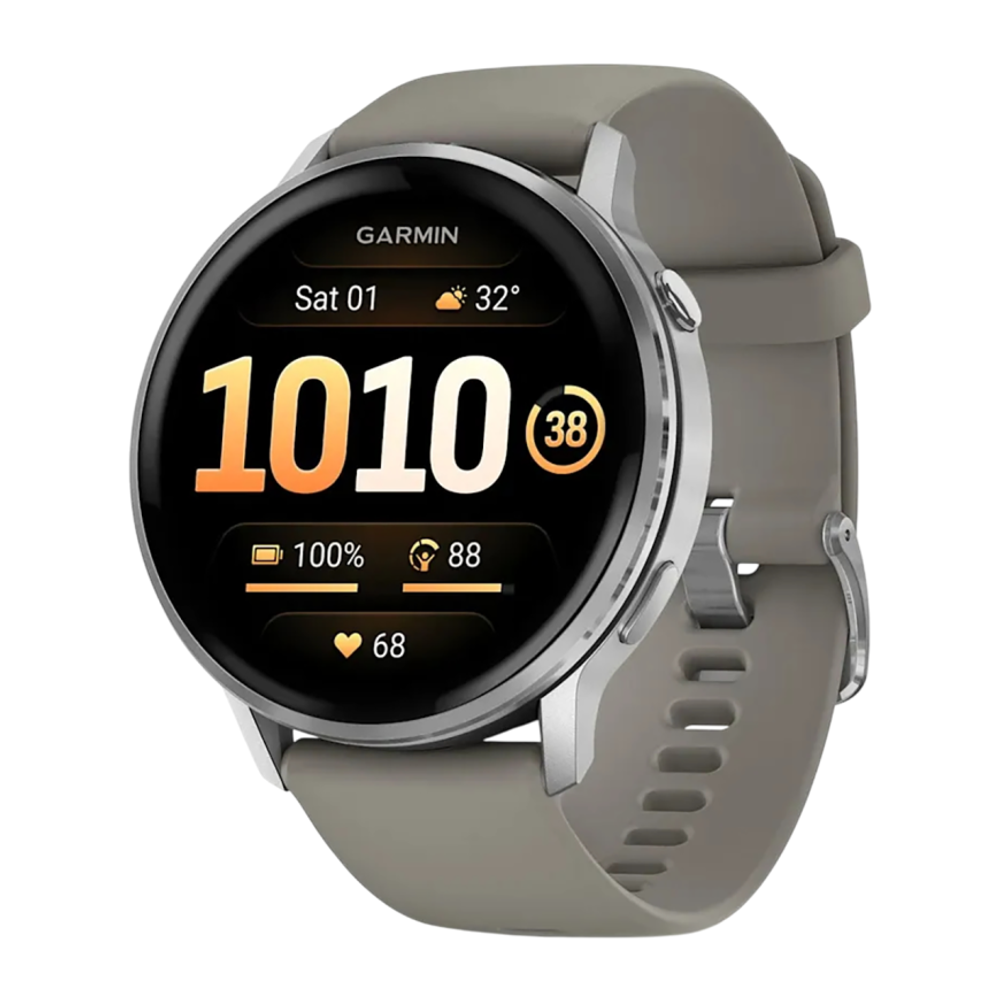 Спортивные часы Garmin Venu 4, 45 мм, серебристо-серый силиконовый ремешок Безель из нержавеющей стали серебристого цвета, корпус серебристого цвета, AMOLED-дисплей со стеклом Gorilla Glass. Ремешок с классической застёжкой — на запястье обхватом 135–200