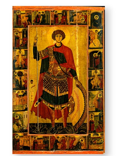 Георгий Победоносец святой великомученик со сценами жития. Деревянная икона на левкасе
