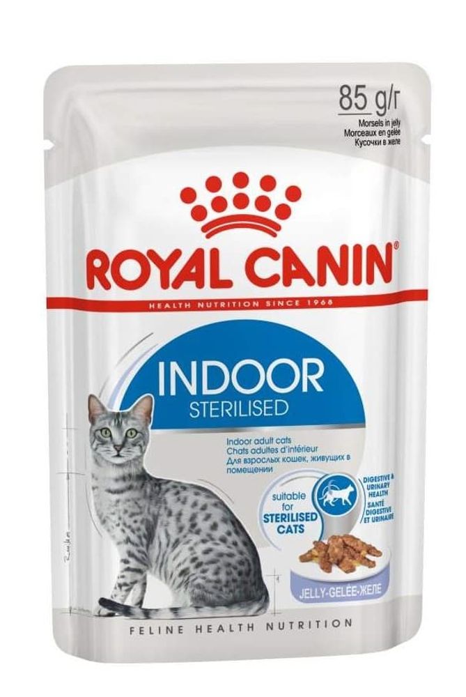Влажный корм Royal canin Indoor Sterilised для кошек, кусочки в желе, пауч 85г