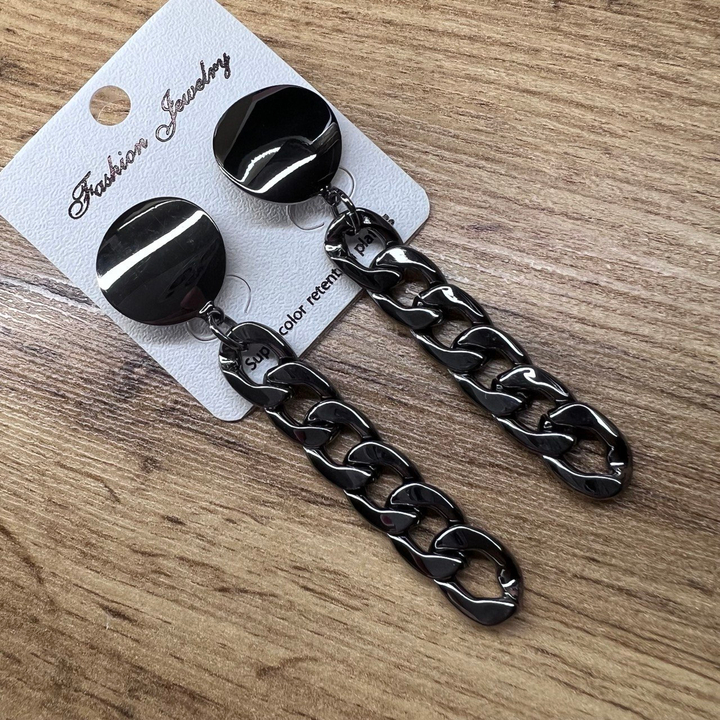 Серьги "Цепи" пластина круг изогнутый подвеска 6 звеньев плетение панцирное металл графитовый 7,5 см