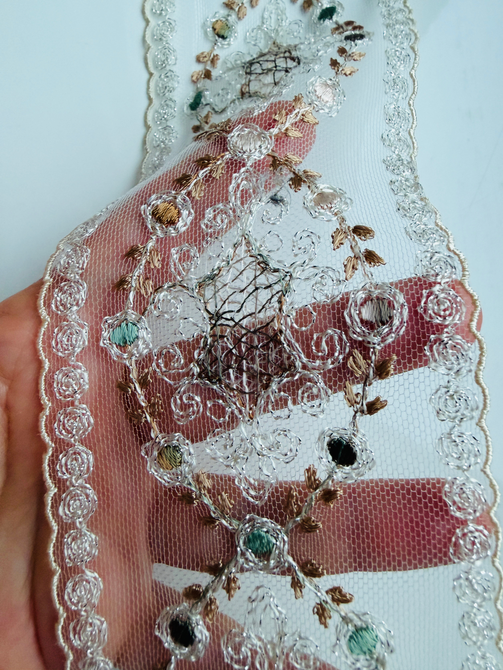 Кружево тонкое на сетке цветное ш-8см Франция. (хлопок/шелк). 1 м