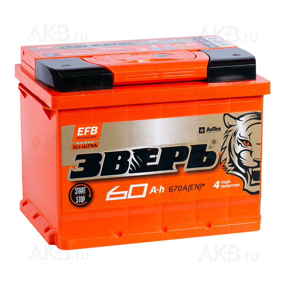 Аккумулятор 6СТ-60 А.ч., о.п., R+, ЗВЕРЬ