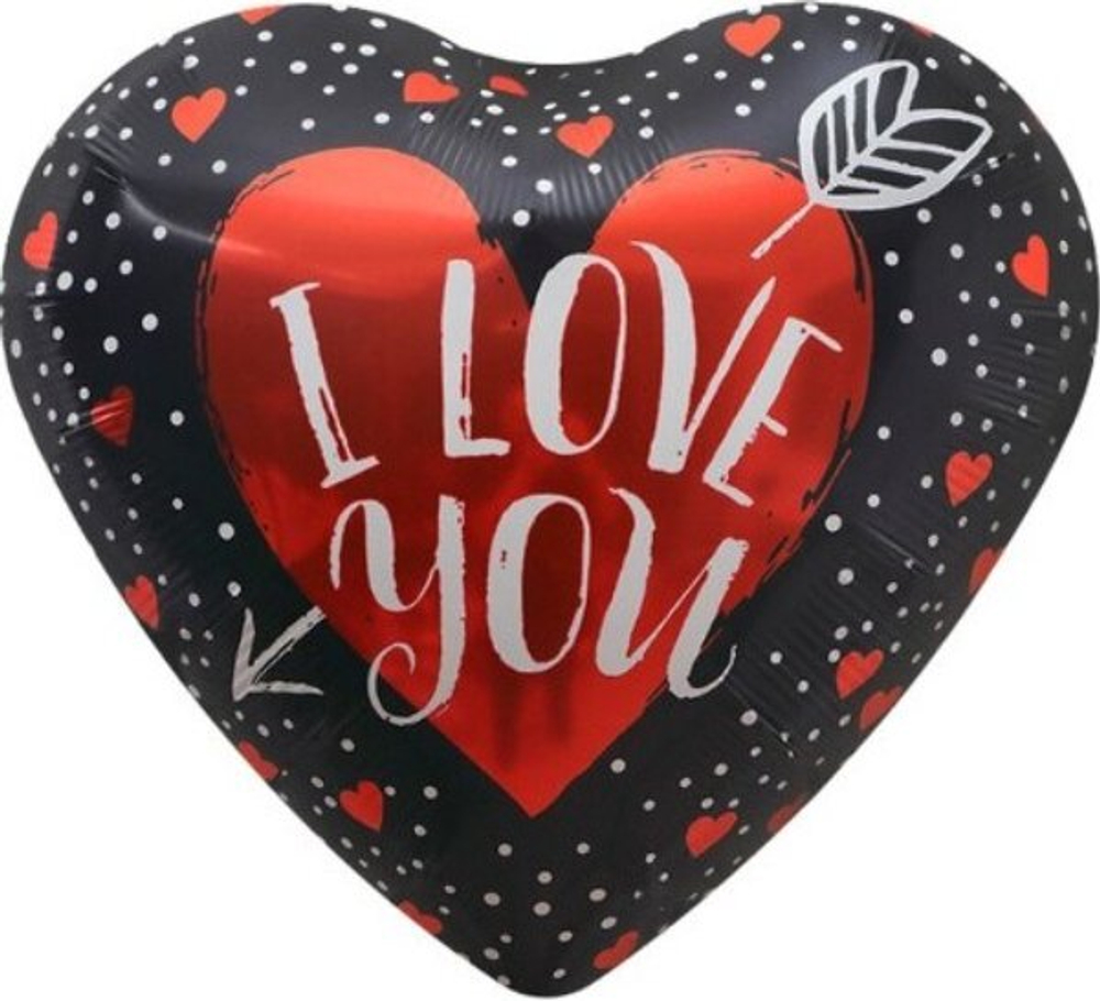 Шар (18""/45 см) Сердце, I Love You, черный с сердечками, 1 шт.