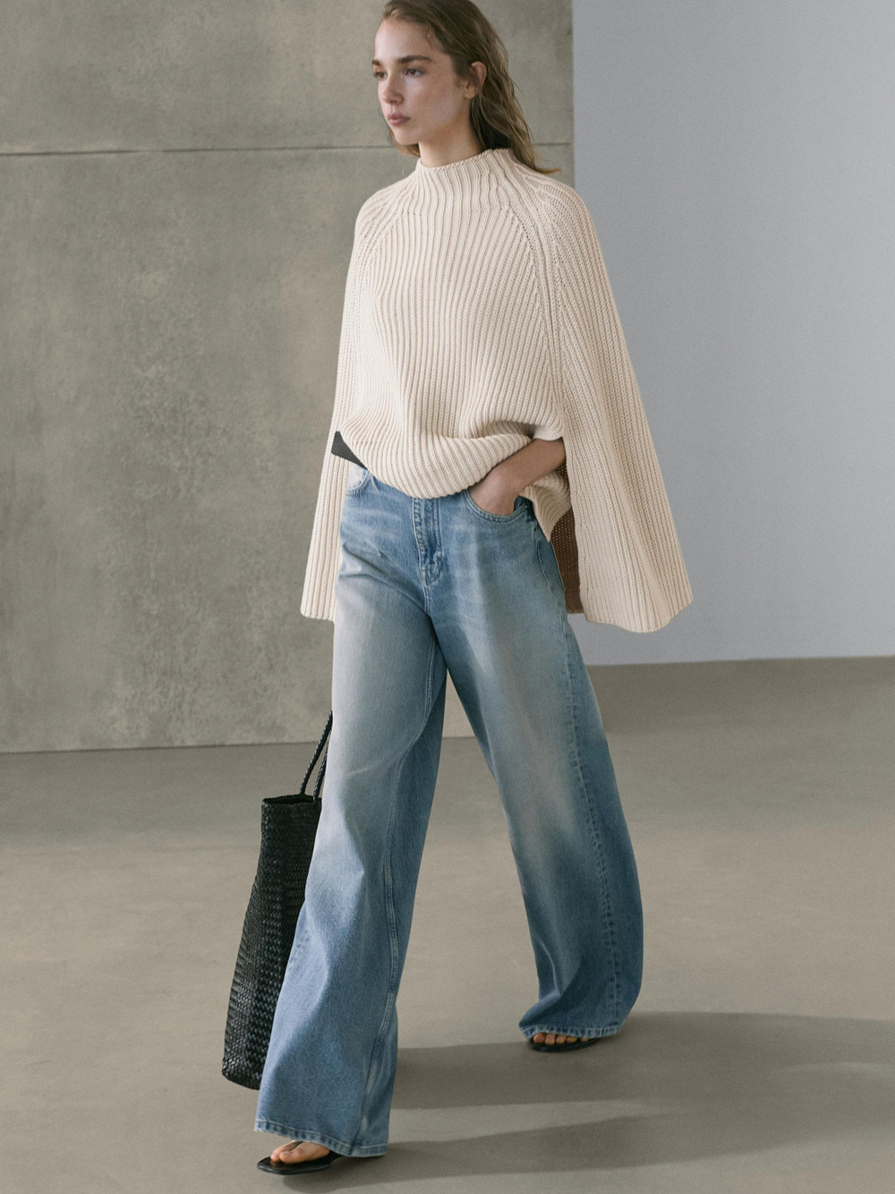 Massimo Dutti Джинсы с высокой талией и широкими штанинами, светло-голубой