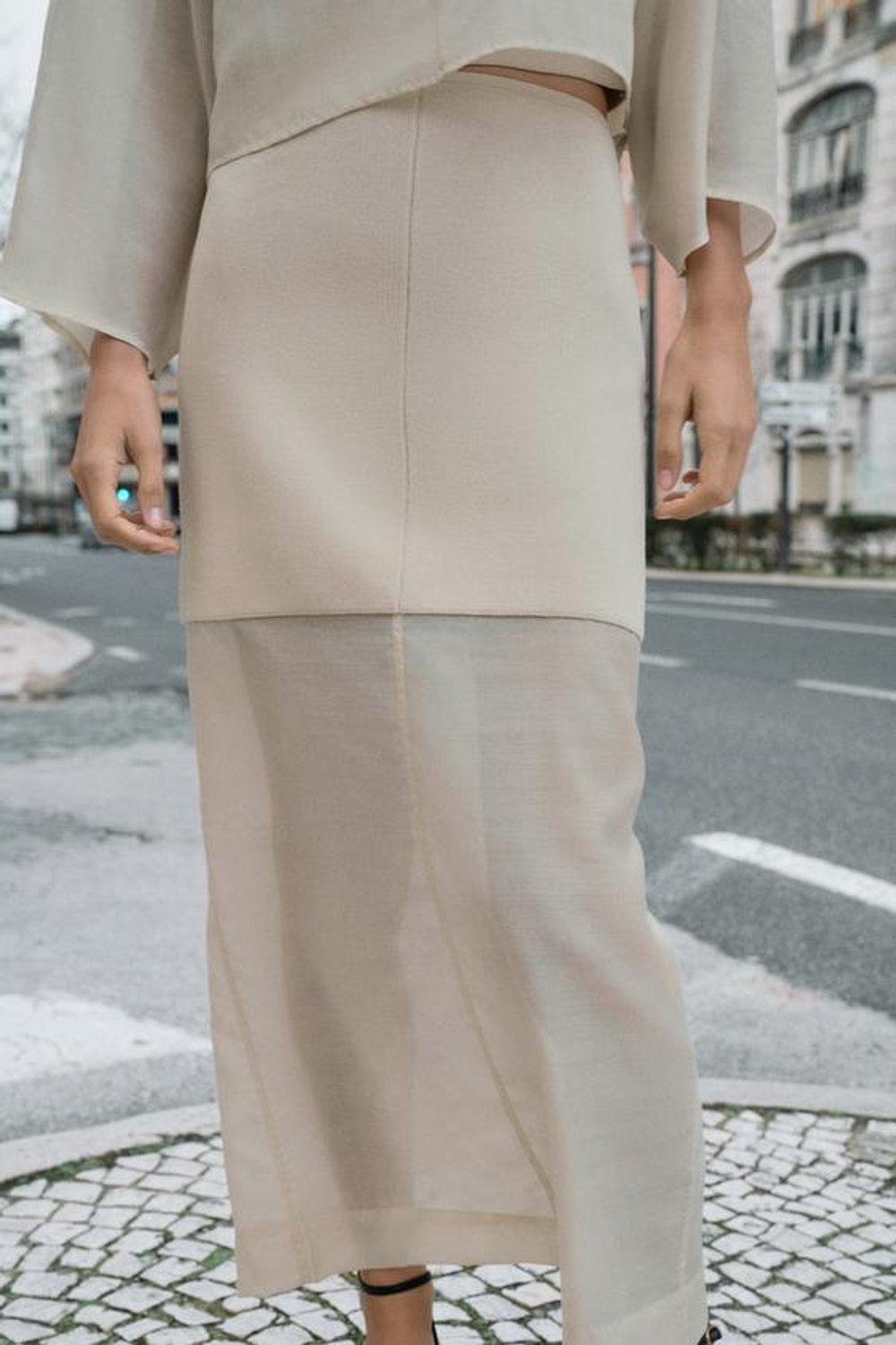 ZARA ПРЯМАЯ КОМБИНИРОВАННАЯ ТРИКОТАЖНАЯ ЮБКА, ЭКРЮ