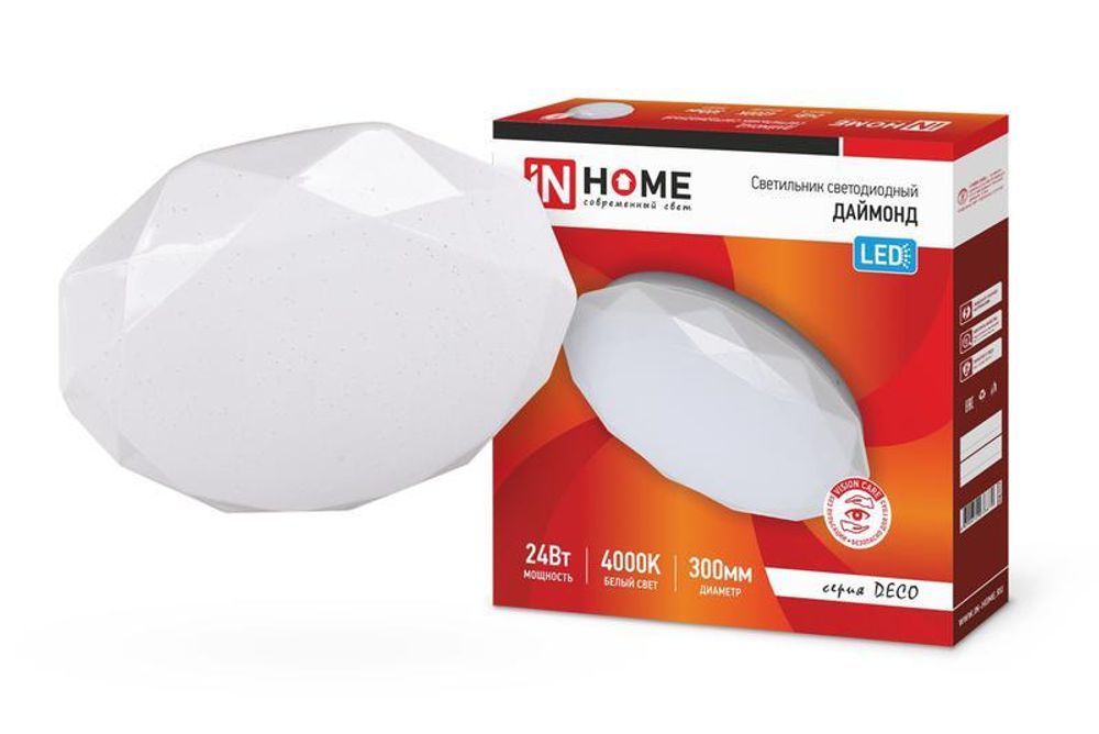 Светильник светодиодный DECO ДАЙМОНД 24Вт 4000К 2160лм 230В 330х55мм IN HOME 4690612033679 Светильник светодиодный DECO ДАЙМОНД 24Вт 4000К 2160лм 230В 330х55мм IN HOME 4690612033679