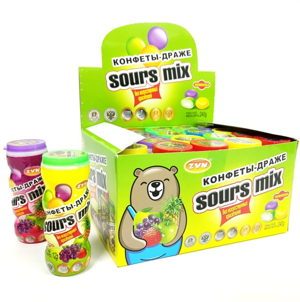Конфеты-драже «SOURS MIX» со вкусом лимона, клубники и черники ZVN ™ БАЛАБОЛ ™ 12г*20 шт*24бл