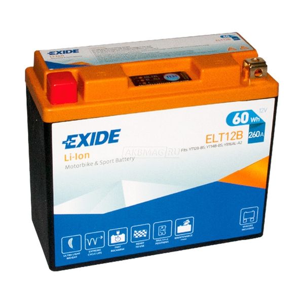 Аккумулятор для мототехники EXIDE ELT12B 60 Wh 260 А прям. пол. 5 Ач